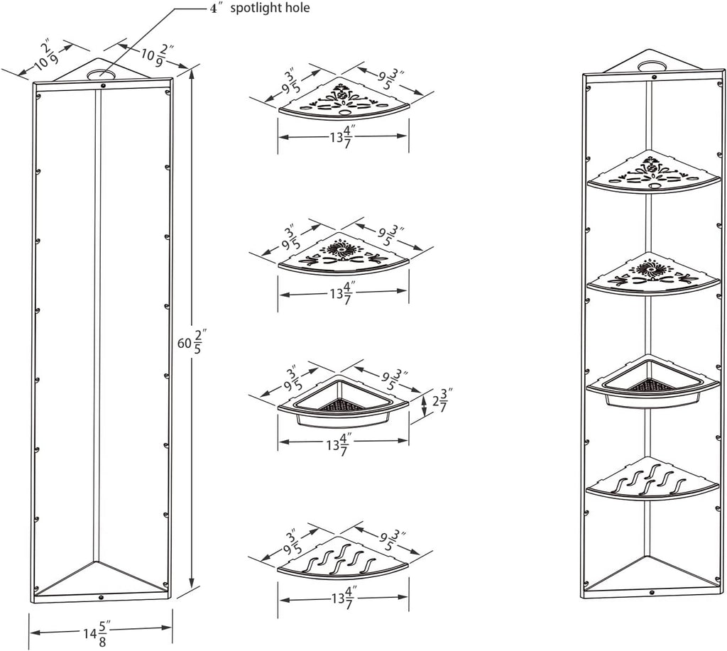 Uni-Green Corner Shower Niche, 14x60 Inch Tall Triangle Bathroom Shelf with 4 Adjustable Stainless Steel Shelves & Pre-Cut Light Hole, Black ABS Wall Recessed Storage for Shower and Bathtub