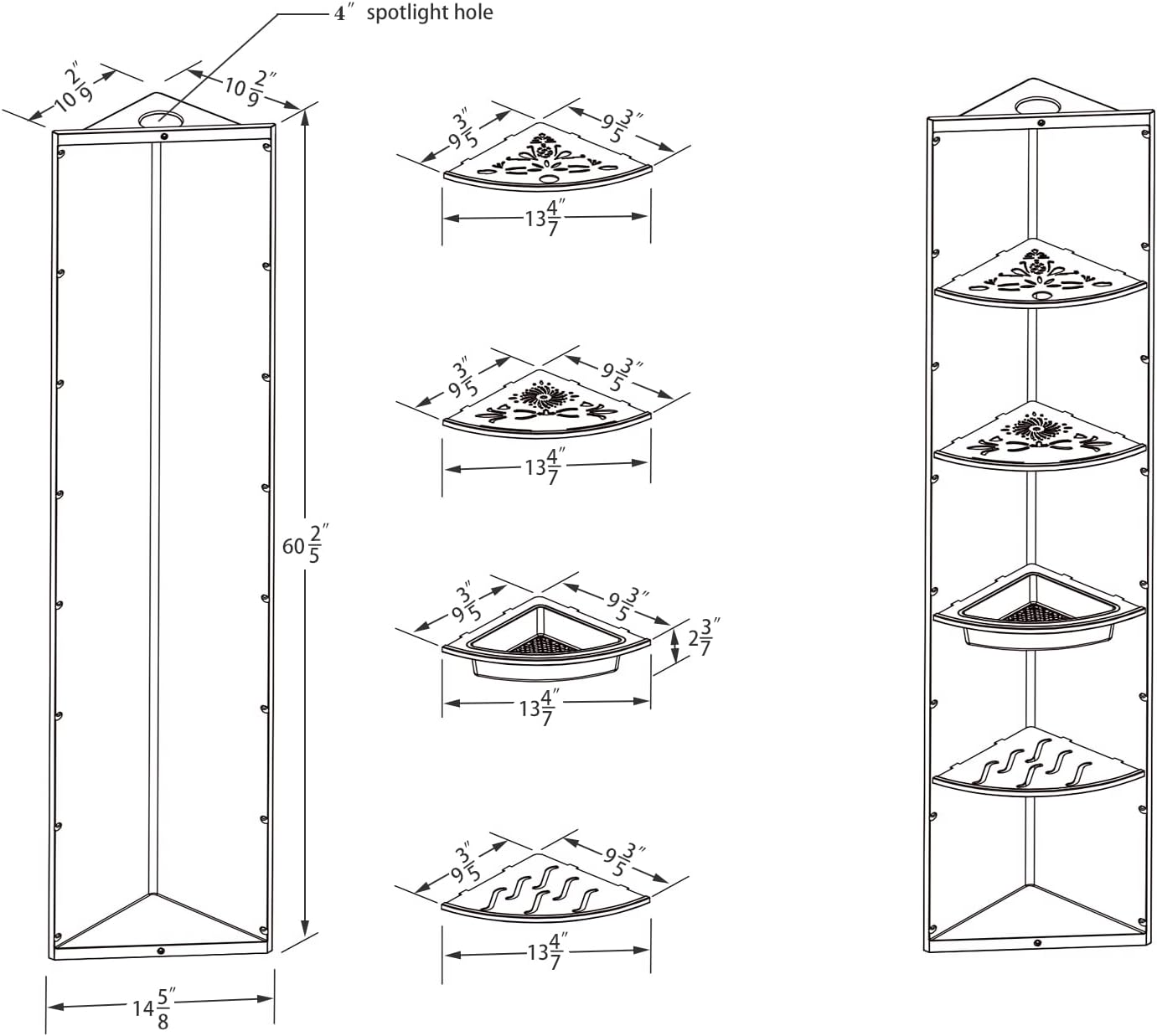 Uni-Green Corner Shower Niche, 14x60 Inch Tall Triangle Bathroom Shelf with 4 Adjustable Stainless Steel Shelves & Pre-Cut Light Hole, Black ABS Wall Recessed Storage for Shower and Bathtub