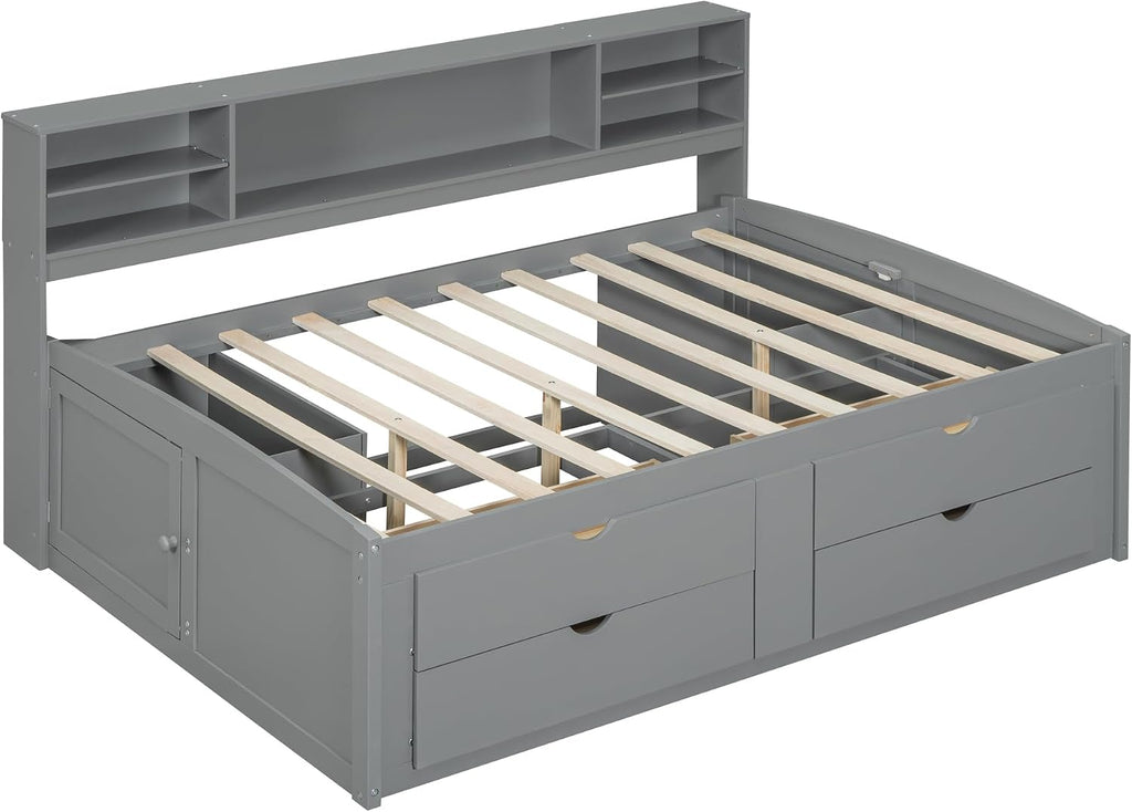 Merax Full Size Daybed with 2 Bedside Cabinets and 4 Drawers, Full Corner Bed Platform Bed with Upper Shelves for Bedroom, No Box Spring Needed, Gray