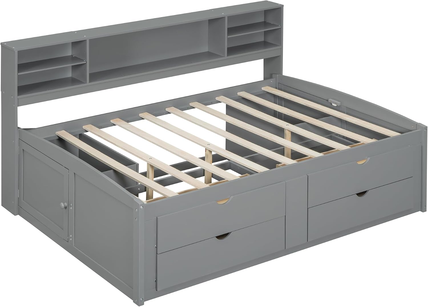 Merax Full Size Daybed with 2 Bedside Cabinets and 4 Drawers, Full Corner Bed Platform Bed with Upper Shelves for Bedroom, No Box Spring Needed, Gray