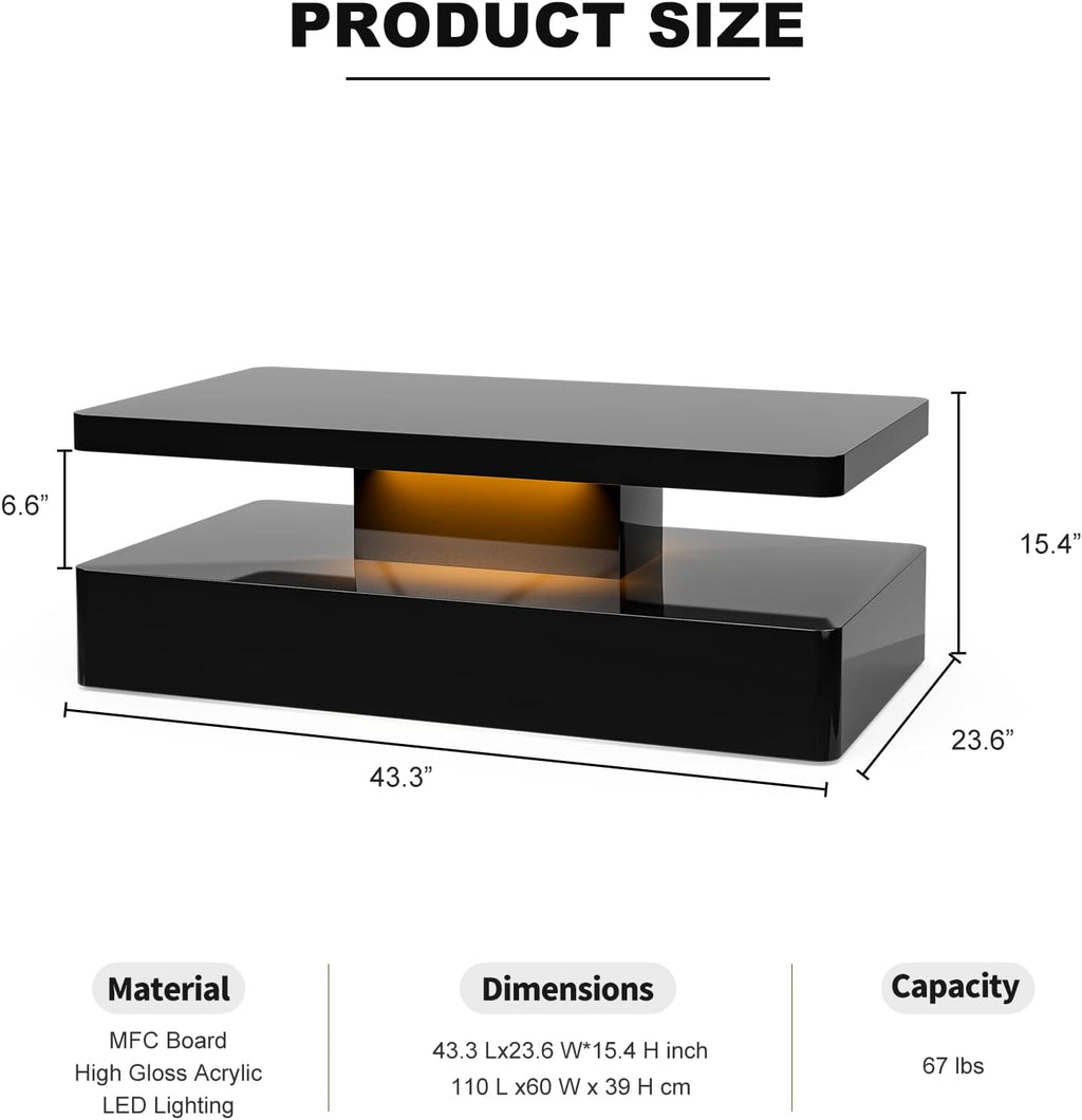 IKIFLY LED High Glossy Coffee Table, Modern Coffee Table for Living Room, 2 Tiers Rectangle Design Table with 16 Colors LED Lights Black