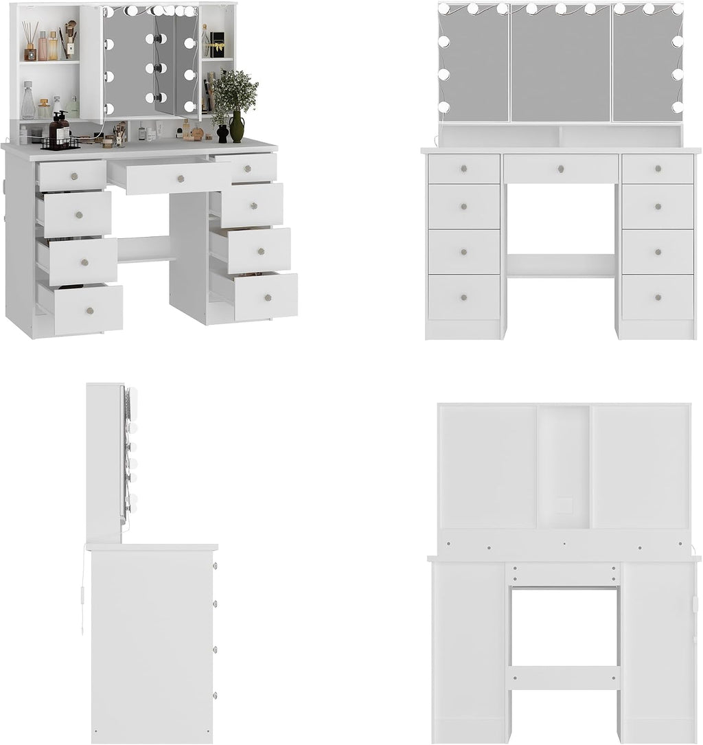 Timechee Vanity Mirror with Lights, Makeup Corner Vanity Desk Set with 9 Storage Drawers, 4 Large Shelves, 3 Color Lighting Options, Small Bulbs for Bedroom, White