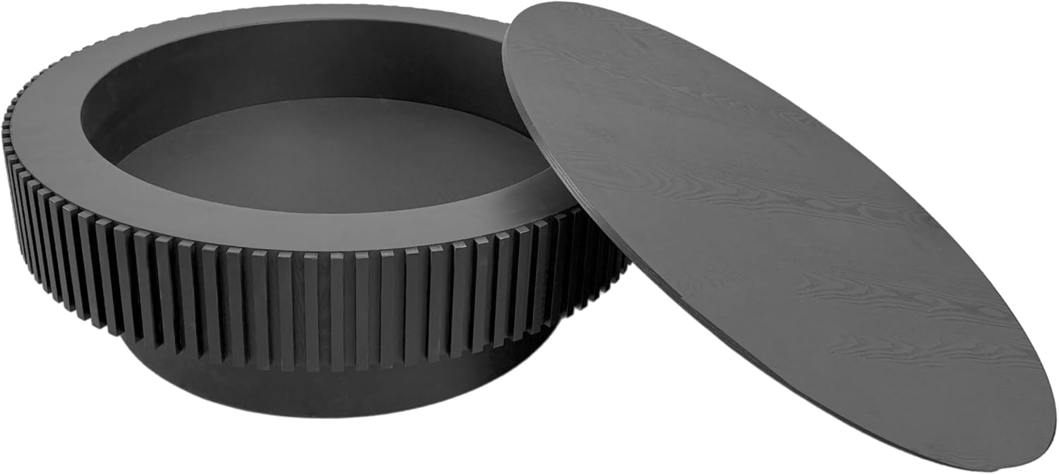 39.37'' Black Round Coffee Table Modern Wood Circle Fluted Drum Pedestal Coffee Table with Storage Space for Living Room, Easy Assembly, Black