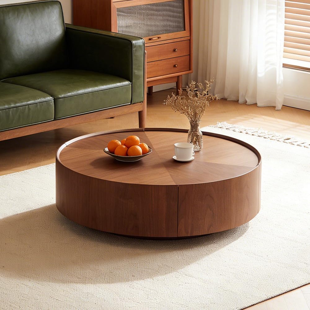 SSLine 35.4-Inch Round Coffee Table with Storage Drawers,Fully Assembled Wooden Coffee Table with Solid Wood Veneered Mid-Century Modern Cocktail Center Tables for Living Room Office Apartment,Walnut