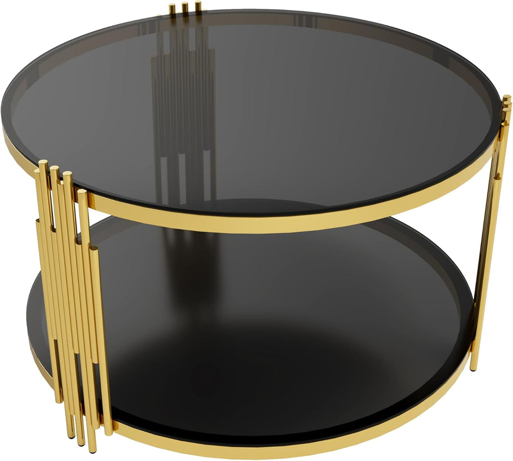 Merax Round Table Set of 3, with 1 Coffee Table & 2 End Tables, Black Mirror, Asymmetrical Metal, Gold Finish & Lower Shelf, for Living Room Apartment, Black