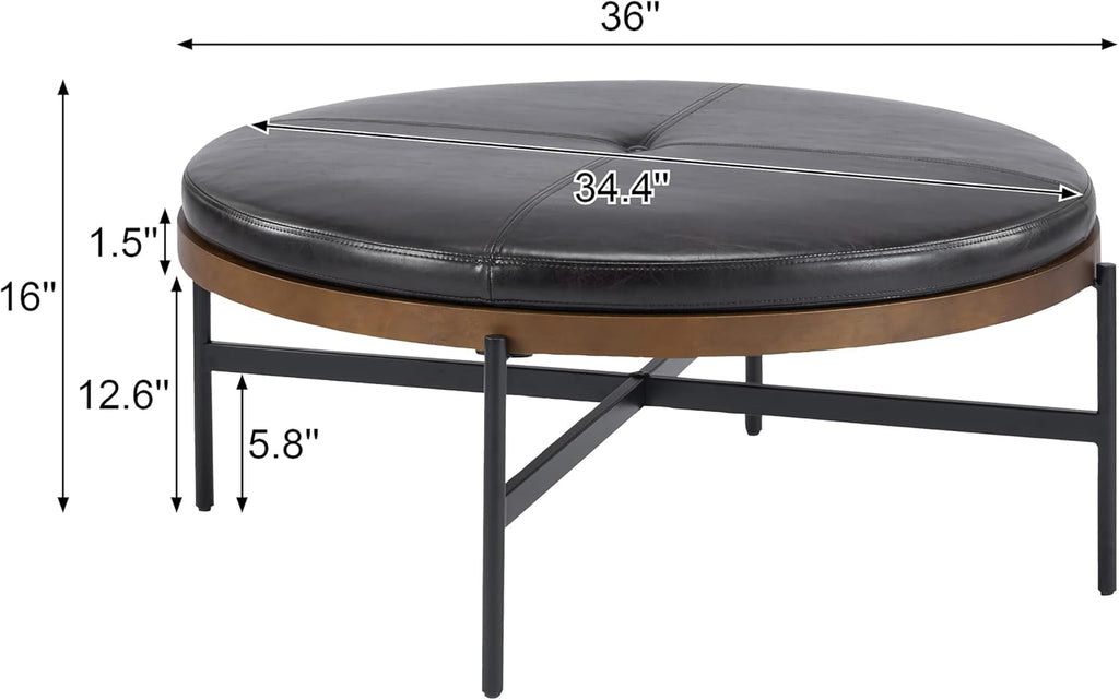 Christopher Knight Home Neapo Modern Round Ottoman Coffee Table, Faux Leather Cocktail Ottoman for Living Room Sofa, Entryway Comfortable Footstool, Durable Metal Frame Ottoman Foot Rest, Dark Brown