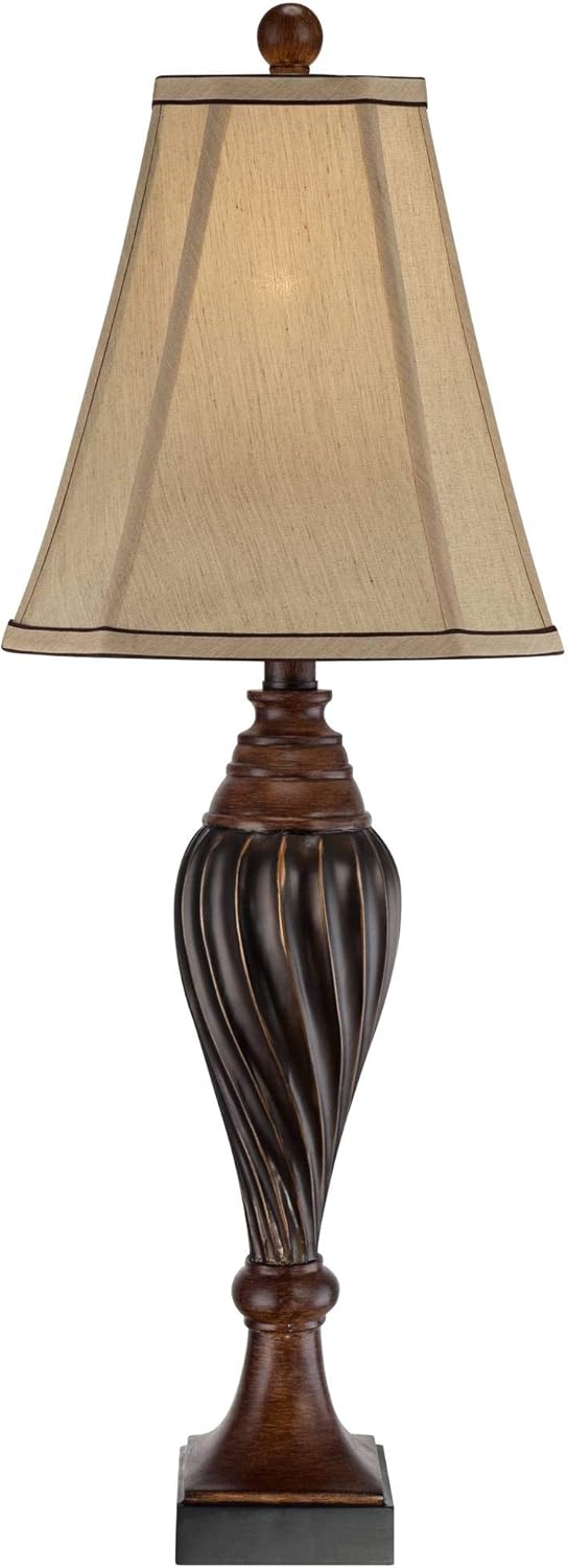 Regency Hill Carved 28 1/2' Tall Urn Traditional End Table Lamps Set of 2 Two-Tone Brown Finish Beige Shade Living Room Bedroom Bedside Nightstand House Office Home Kitchen Entryway Console Family