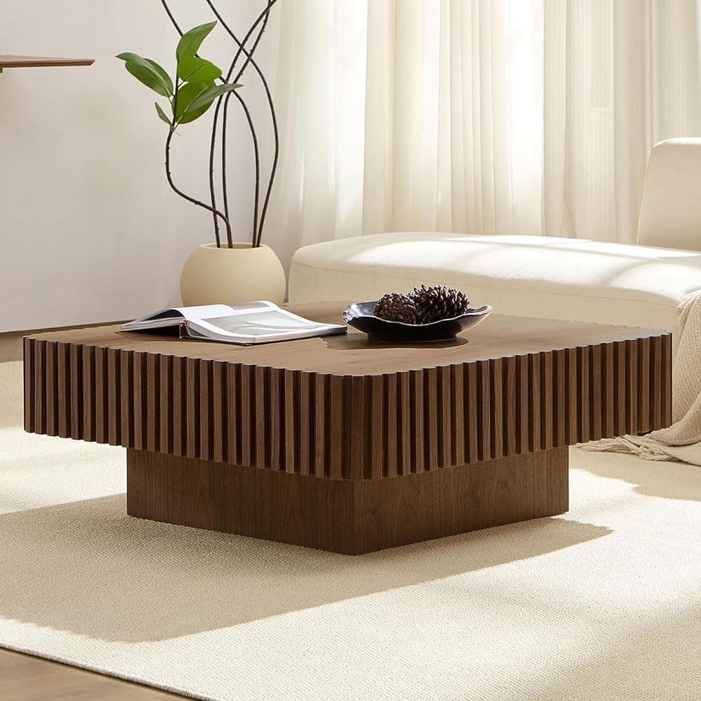 35.43'' Square Coffee Table for Living Room Fluted Coffee Table Modern Pedestal Center Tables for Apartment (Walnut)