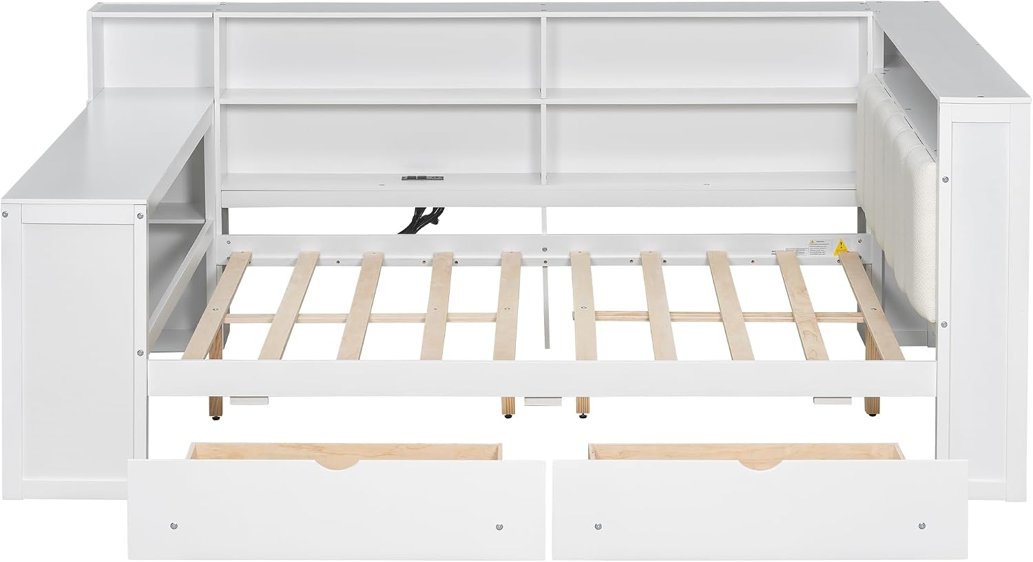 Wood Full Size Daybed with Storage Shelves and Desk, L-Shaped Corner Platform Bed Frame with Upholstered Headboard and 2 Drawers for Office Living Room Bedroom, Space-saving (White-7.16, Full)