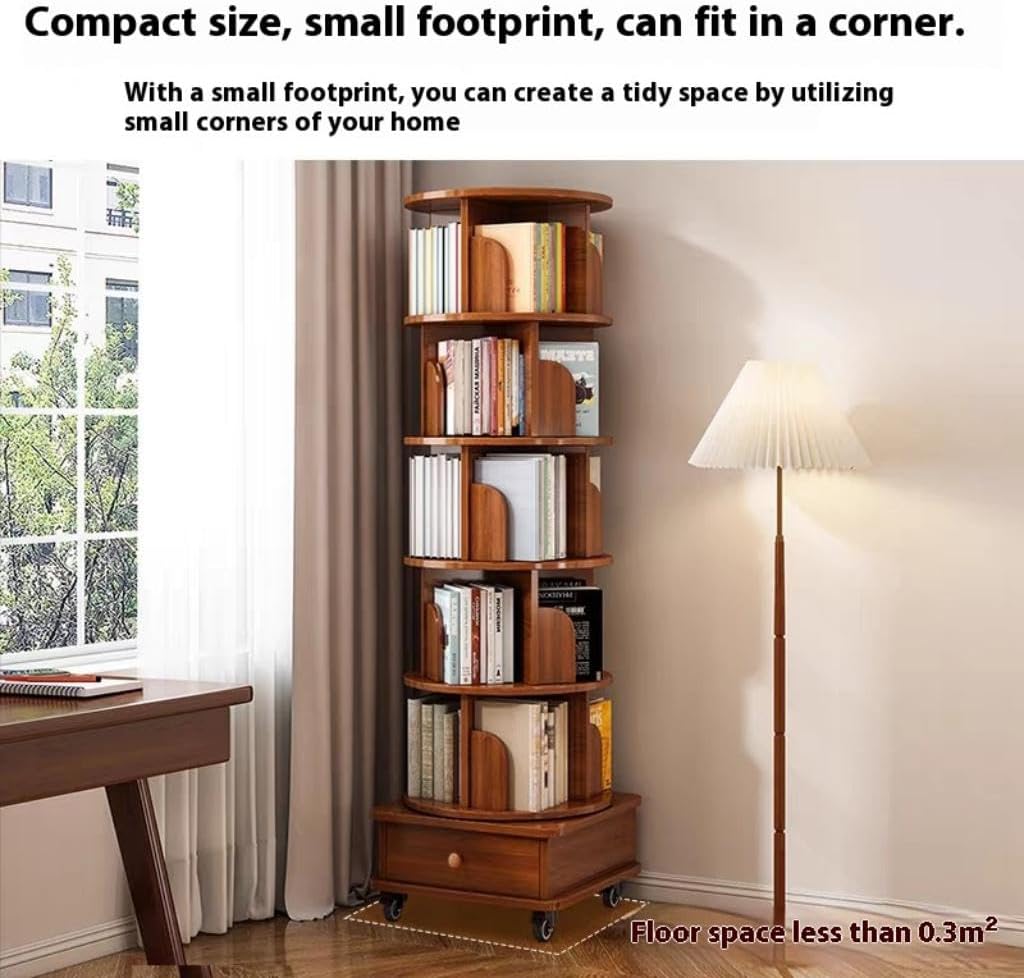 KEIKI 6 Tie Rotating Bookshelf with Drawers On Wheel, Corner Bookcase Display Shelf, 360 Display Corner Bookshelf for Bedroom, Living Room, Study Room, Walnut Brown