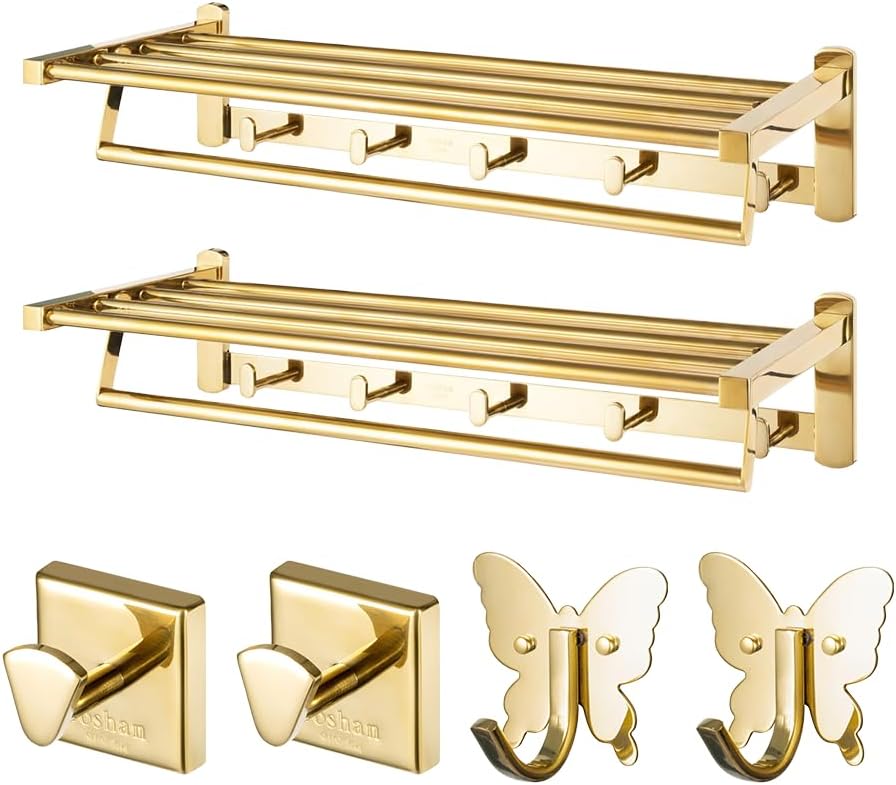 Roshan Handcrafted and Hand Polished Multi Purpose Towel Rack, Rust Proof and Peel Resistant Towel Shelf, Includes 2 Handmade Hooks (6-Piece Gold)