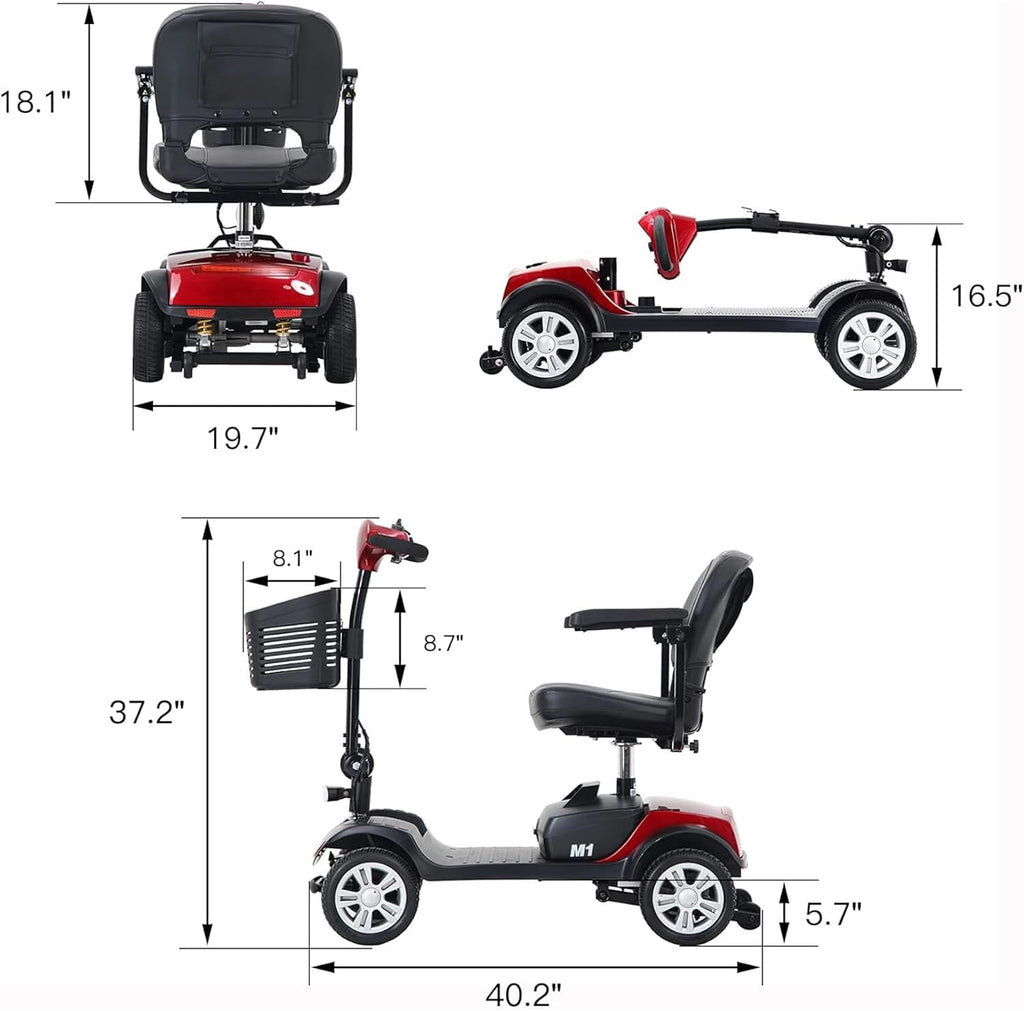 Mobility Scooters for Seniors & Adults 400 Lb Weight Capacity,Lightweight Foldable All Terrain 4 Wheel Powered Scooter,Disability Electric Wheelchair,Add A StorageBox,and Shoulder Bag,5MPH,red