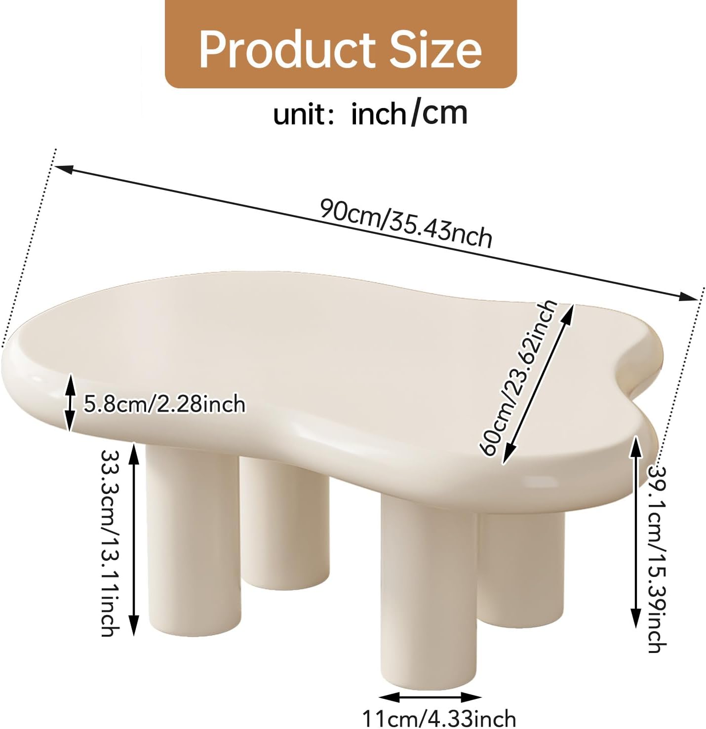 Guyii Cloud-Shaped Coffee Table, Modern Sofa Table with 4 Legs, Cream White Center Table, Small Irregular Tea Table for Living Room, Easy Assembly (White)