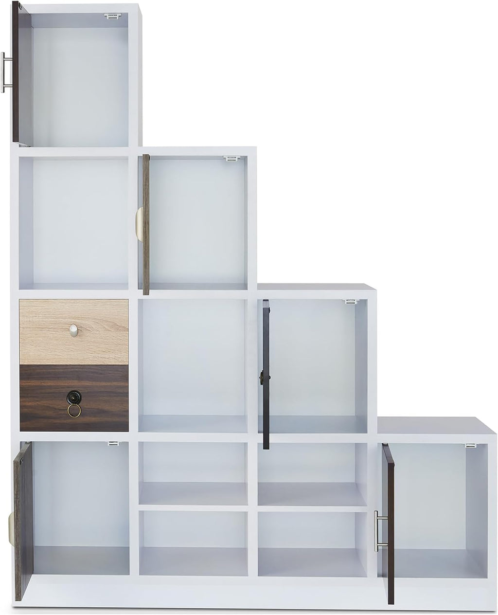 HOMES: Inside + Out Catrina Modern 10-Cube Storage Bookcase with Drawer, L Shaped Ladder Corner Staircase Display Shelves, 4-Tier Organizer Shelf for Living Room , Bedroom, Office, Apartment, White