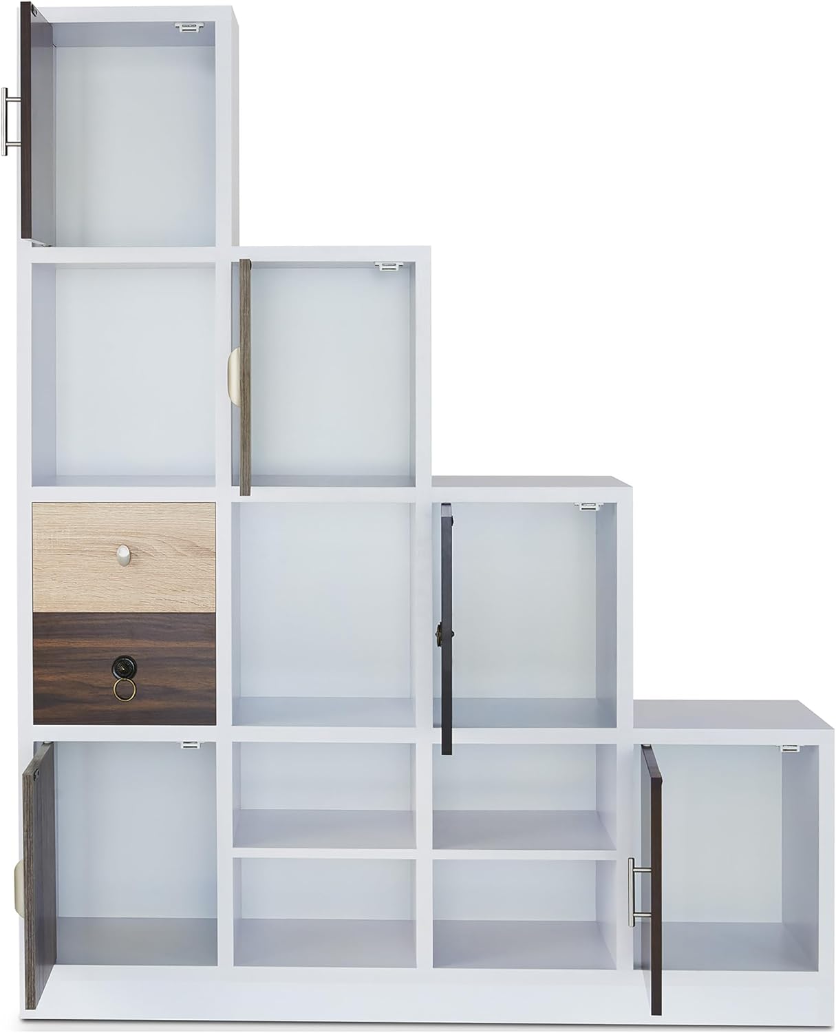 HOMES: Inside + Out Catrina Modern 10-Cube Storage Bookcase with Drawer, L Shaped Ladder Corner Staircase Display Shelves, 4-Tier Organizer Shelf for Living Room , Bedroom, Office, Apartment, White