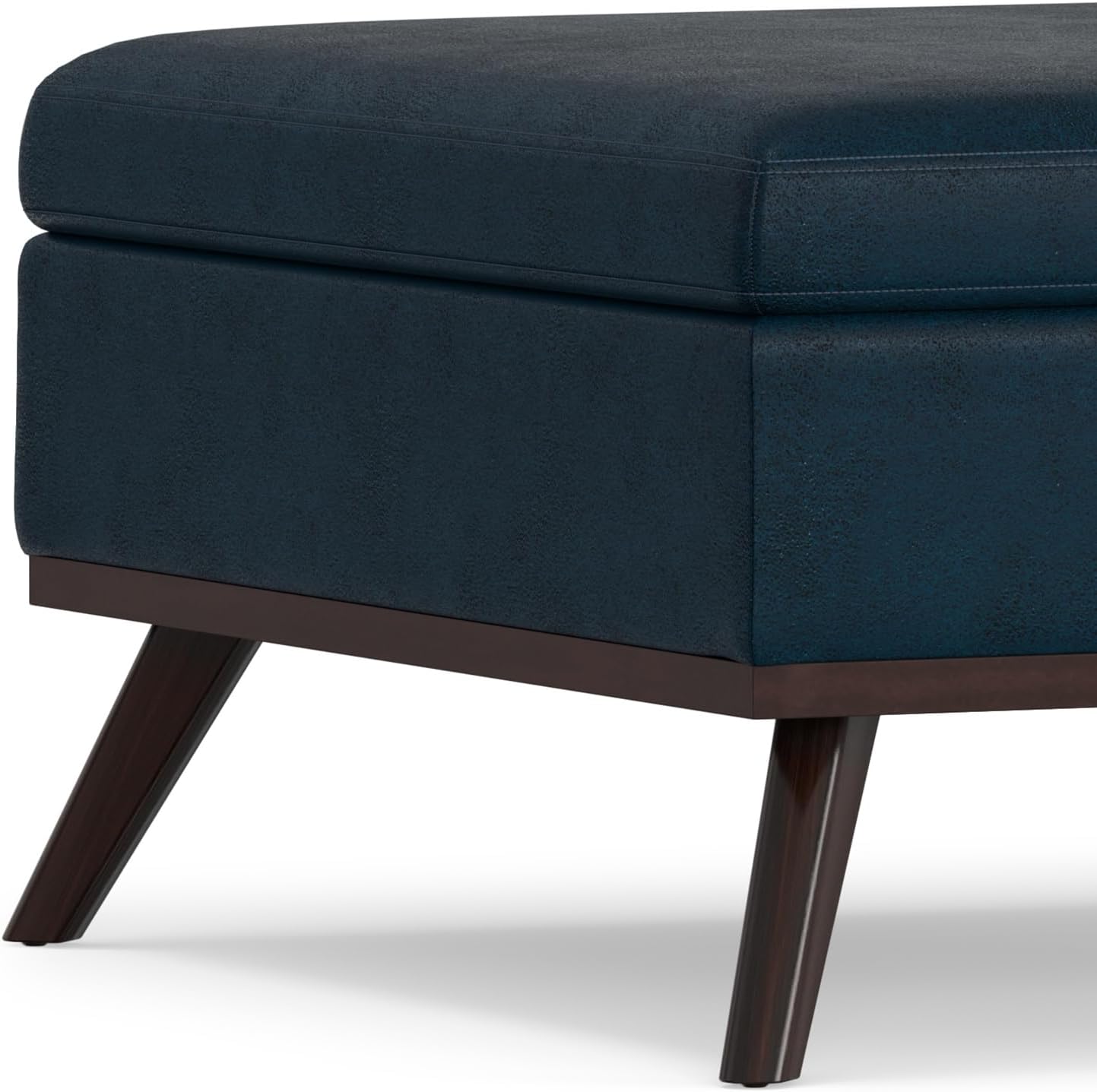 SIMPLIHOME Owen Square Coffee Table Storage Ottoman - 36 inch Wide Upholstered Vegan Leather Lift-Top Ottoman in Distressed Dark Blue, Mid-Century Modern Ottoman for Living Room with Tufted Detail