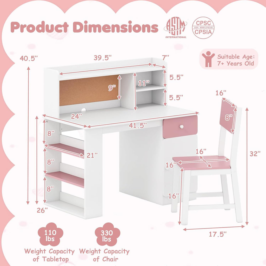 HONEY JOY Kids Desk and Chair Set, Large Wooden Children School Study Table and Chair w/Drawer, Hutch, Storage Shelves, Student Writing Desk Computer Workstation for Bedroom, 7+ Years Old (Pink)