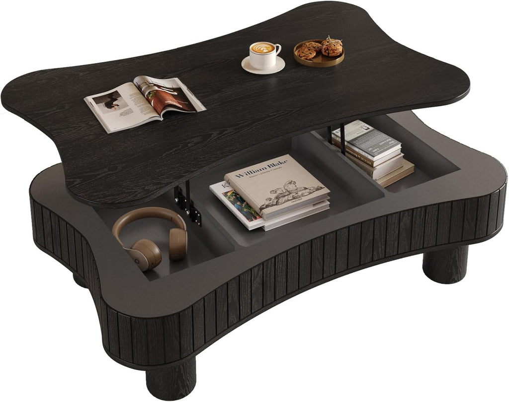 42' Cloud Fluted Lift Top Coffee Table with Hidden & Open Storage, Modern Center Table with Hydraulic Raising Mechanism, Irregular Shape Tea Table with Curved Safety Corners, Black