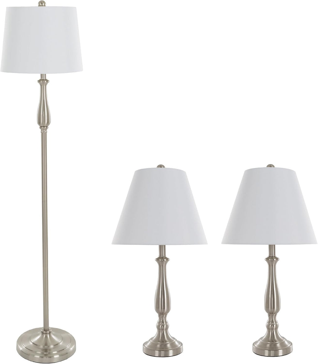 3-Piece Home Lighting Set - Coordinating Bundle with 2 Table Lamps and 1 Floor Lamp for Home and Office Decor by Lavish Home (Silver)