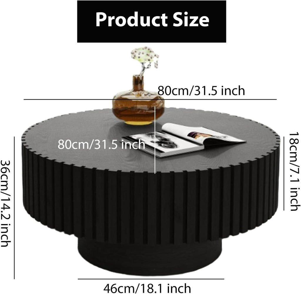 Round Fluted Coffee Table Mid Century Modern Coffee Tables with Handcrafted Relief Circle Drum End Table Rustic Industrial Center Tables for Apartment Living Room (Black Round)