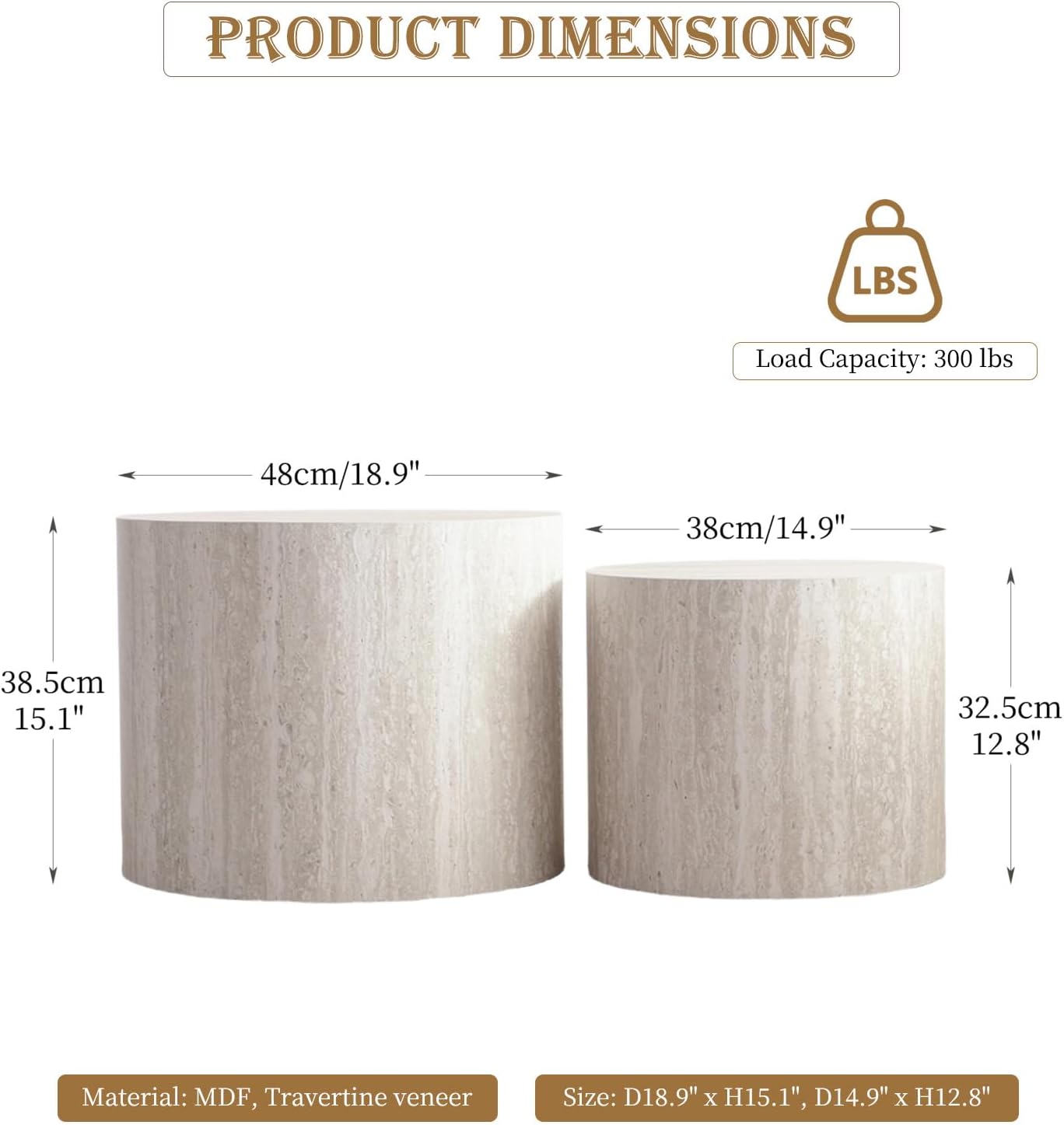 Round Nesting Coffee Table Set of 2, Travertine Coffee Table Circle Drum Side Table Small End Table Minimalist Center Tables for Living Room Office, No Assembly (Travertine)