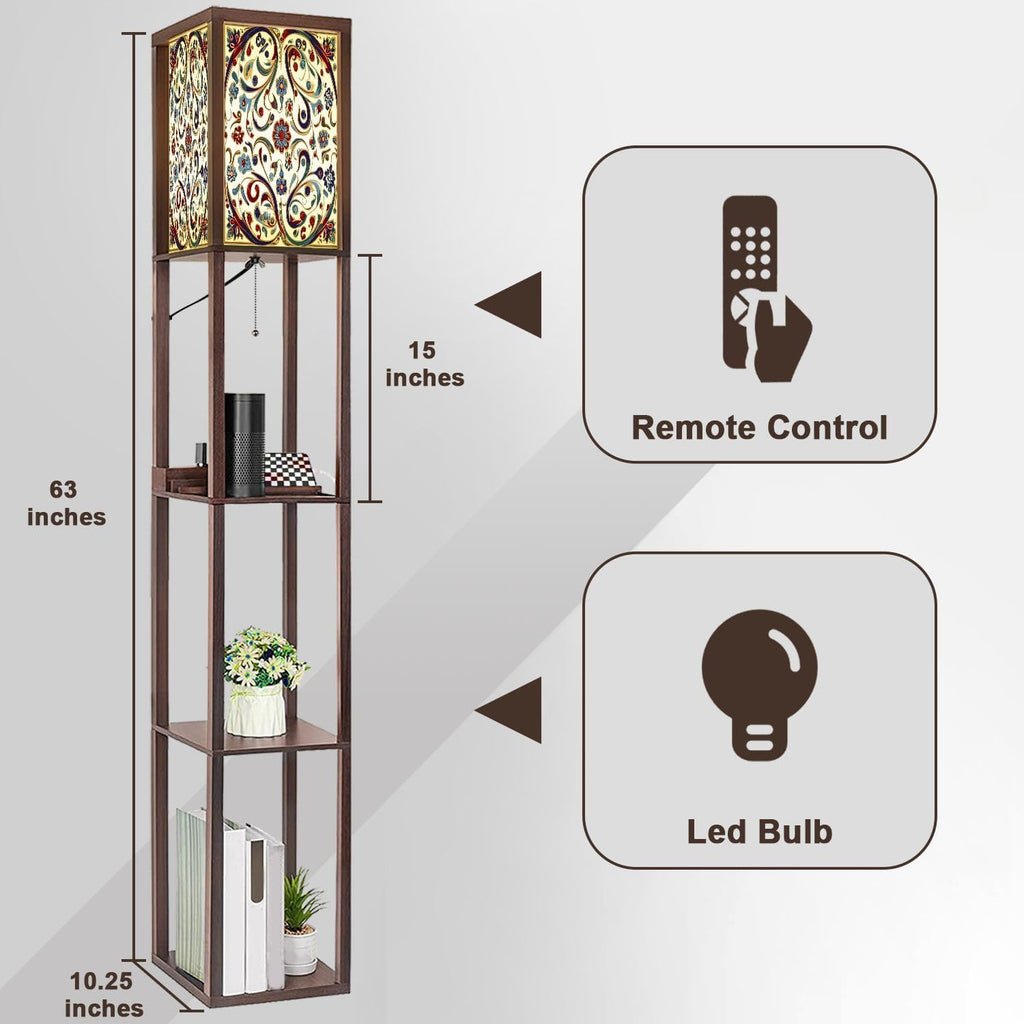 Floor Lamp with Shelves Red Blue Green Turkish Seamless Pattern Luxury Floral Ornament Standing Tall Lamp USB Ports & Power Outlet Modern Corner Lamp Nightstand Light for Living Room Bedroom