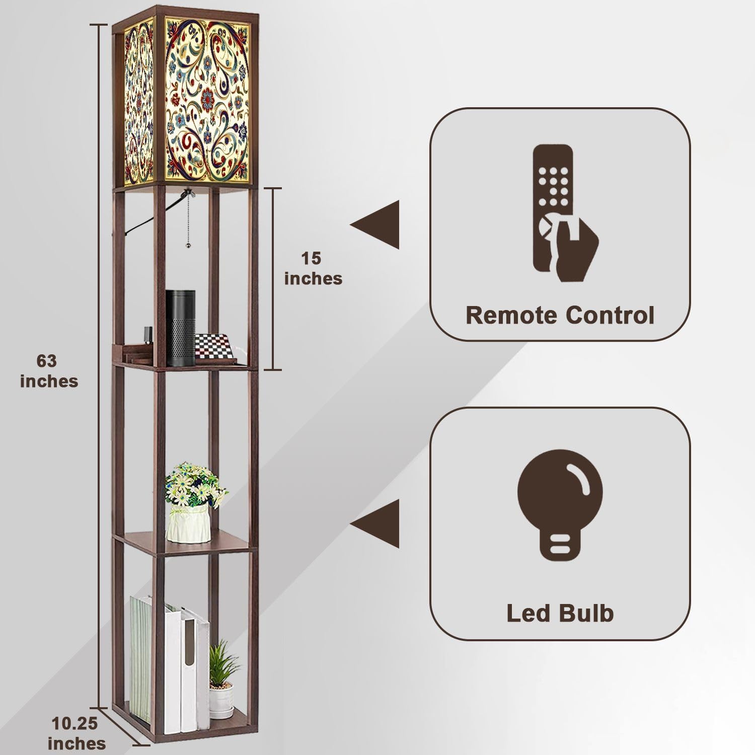 Floor Lamp with Shelves Red Blue Green Turkish Seamless Pattern Luxury Floral Ornament Standing Tall Lamp USB Ports & Power Outlet Modern Corner Lamp Nightstand Light for Living Room Bedroom