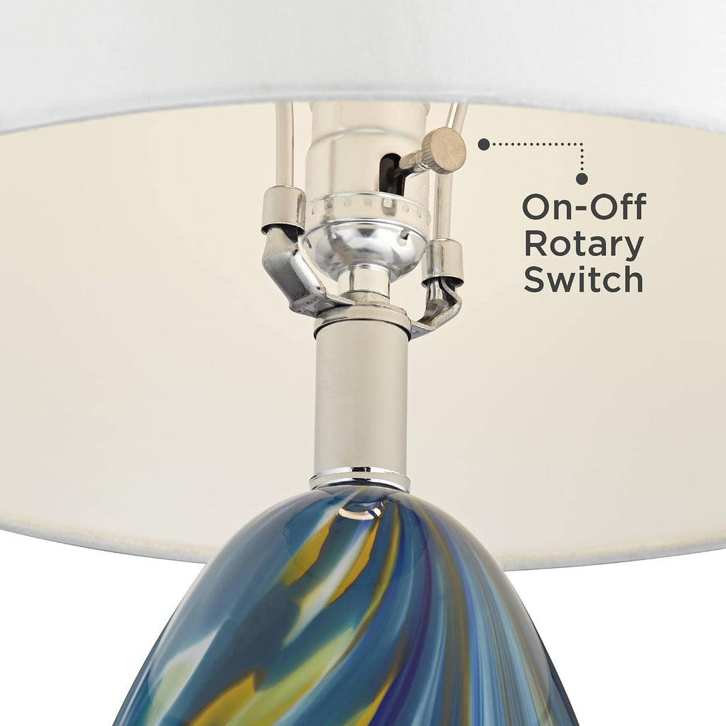 Possini Euro Design Pablo Modern Style 3-Way Table Lamp with Table Top Dimmer 27' Tall Multi Color Blue Art Glass Fabric Drum Shade for Living Room Bedroom Bedside Nightstand Home (Color May Vary)