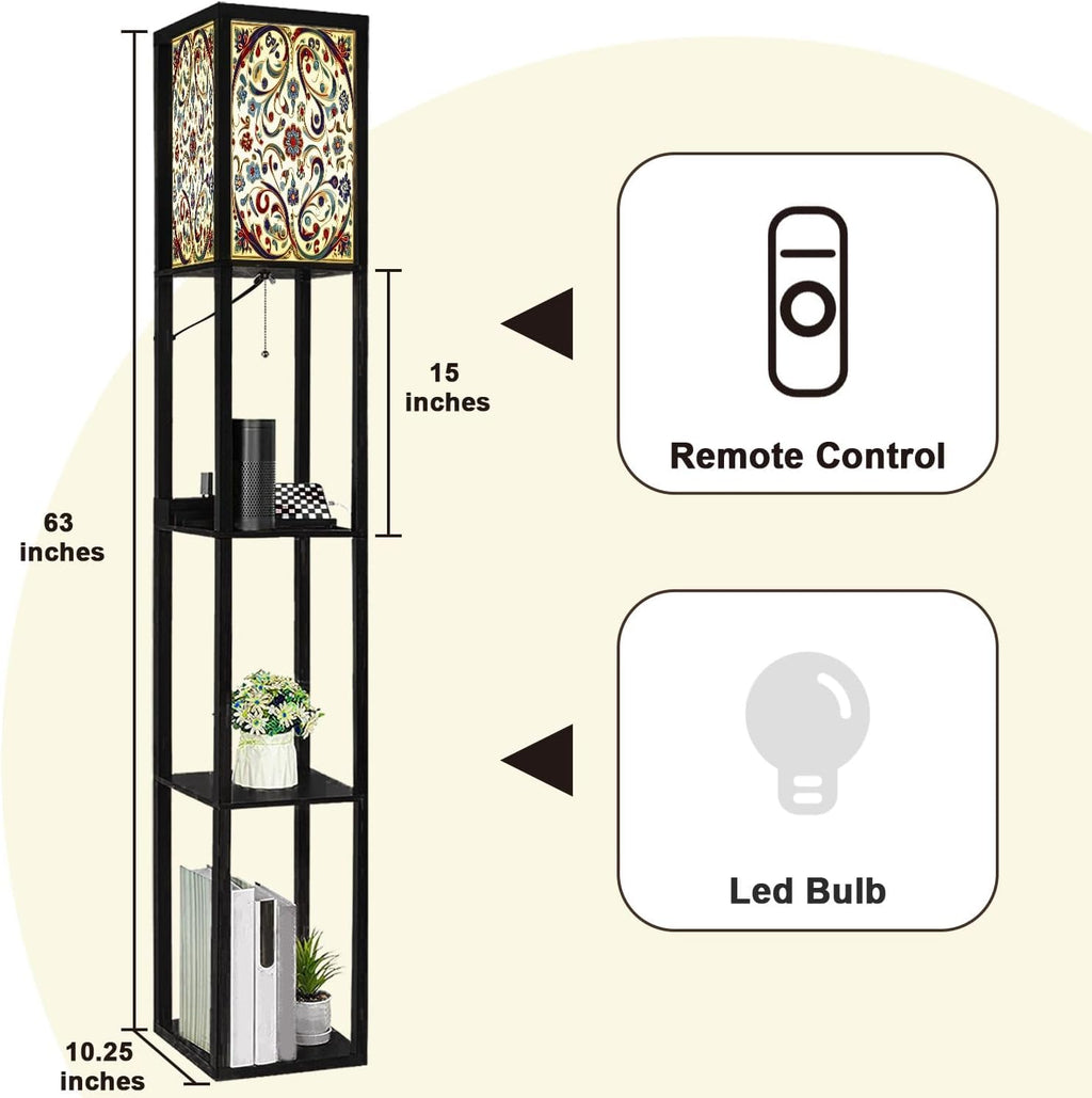 Floor Lamp with Shelves Red Blue Green Turkish Seamless Pattern Luxury Floral Ornament Standing Tall Lamp USB Ports & Power Outlet Modern Corner Lamp Nightstand Light for Living Room Bedroom