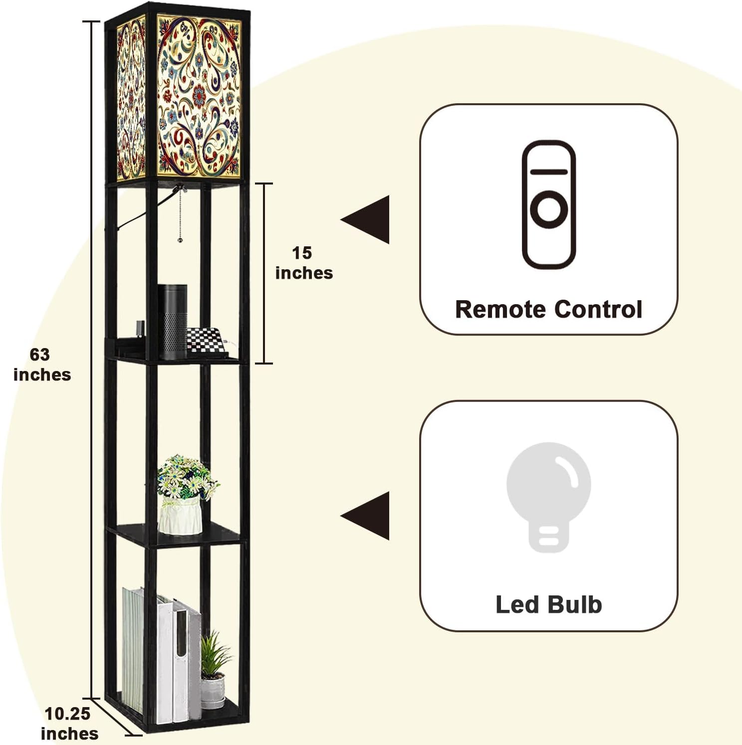 Floor Lamp with Shelves Red Blue Green Turkish Seamless Pattern Luxury Floral Ornament Standing Tall Lamp USB Ports & Power Outlet Modern Corner Lamp Nightstand Light for Living Room Bedroom