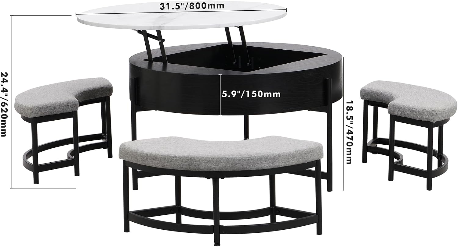 Modern Round Lift-Top Coffee Table with Storage & 3 Ottoman for Living Room White & Black
