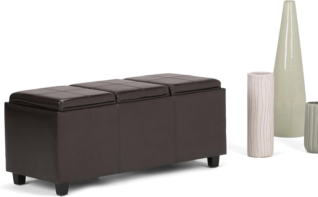 SIMPLIHOME Avalon Storage Ottoman - 42 inch Wide Upholstered Vegan Leather Rectangular Flip-Top Ottoman in Tanners Brown, Contemporary Coffee Table Ottoman for Living Room with Hidden Storage