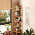 5 Tier Rattan Corner Shelf, Standing Shelf Organizer, Freestanding Corner Bookshelf, Bamboo Plant Stand, Balcony Decorations for Apartment, Wall Corner, Living Room, Bedroom(Natural)