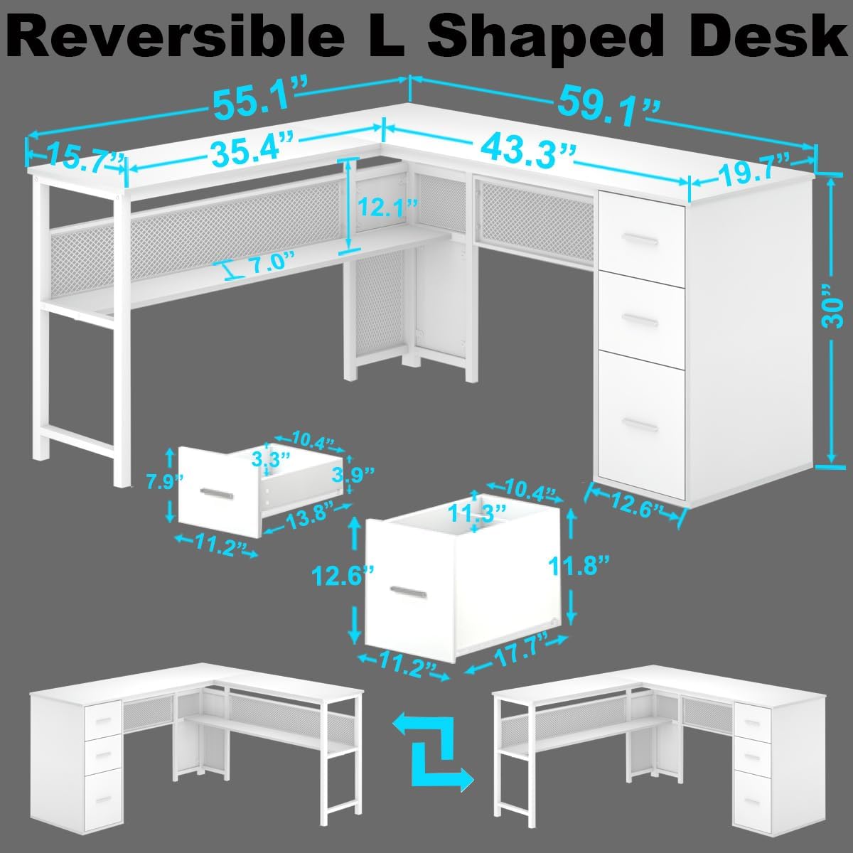 LVB White L Shaped Corner Desk with Drawers, Reversible Modern L-Shaped Computer Desk with Storage Cabinet Shelves, Large Wood Metal L Shape Home Office Desk for Work Study Writing Gaming, 59 Inch