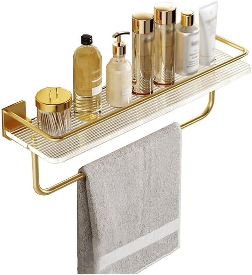 Shower Shelf Organizer, Shower Shelf with Towel Bar for Bathroom, Wall Mounted Acrylic Shower Shelf with Gold Fence, Modern Aluminum Shower Organizer
