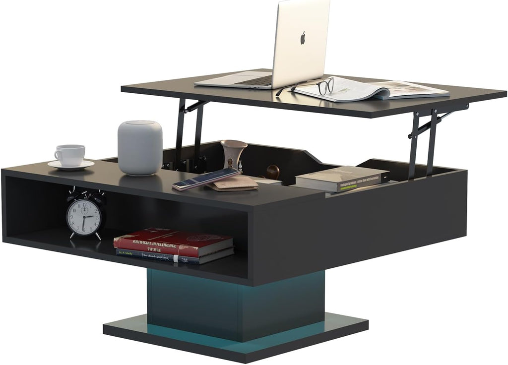 Square Lift Top Coffee Table with Storage, Black Led Coffee Table for Living Room with Large Hidden Storage, 30.7' Wood Table Led Center Table for Dining Reception Room