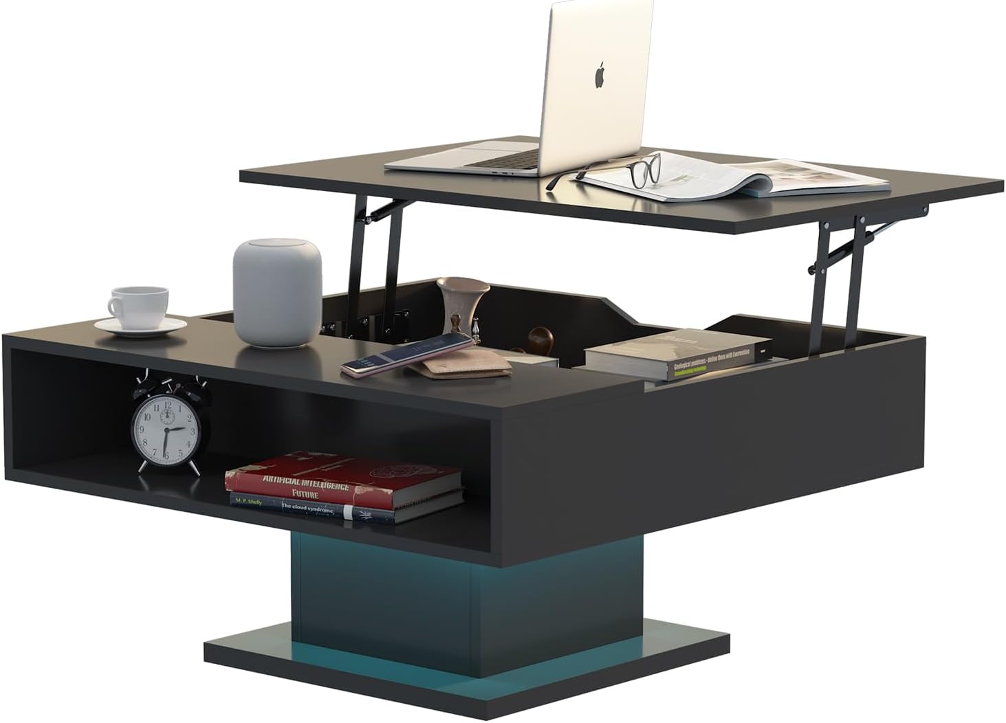 Square Lift Top Coffee Table with Storage, Black Led Coffee Table for Living Room with Large Hidden Storage, 30.7' Wood Table Led Center Table for Dining Reception Room