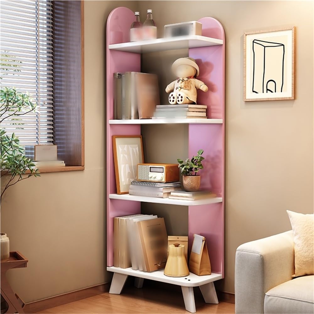 Solid Wood Floor-Standing Storage Rack, Modern Minimalist Storage Shelf, Corner Storage Rack, Corner Bookcase for Bedroom, Living Room(Pink)