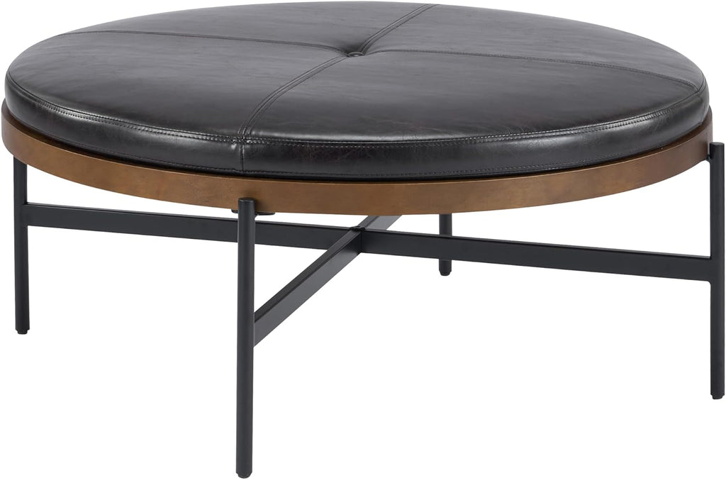 Christopher Knight Home Neapo Modern Round Ottoman Coffee Table, Faux Leather Cocktail Ottoman for Living Room Sofa, Entryway Comfortable Footstool, Durable Metal Frame Ottoman Foot Rest, Dark Brown