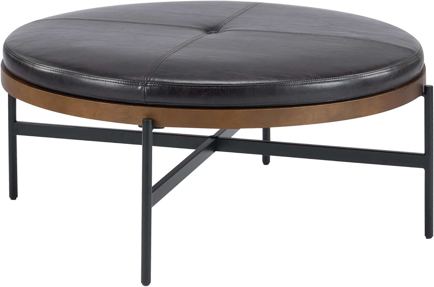 Christopher Knight Home Neapo Modern Round Ottoman Coffee Table, Faux Leather Cocktail Ottoman for Living Room Sofa, Entryway Comfortable Footstool, Durable Metal Frame Ottoman Foot Rest, Dark Brown