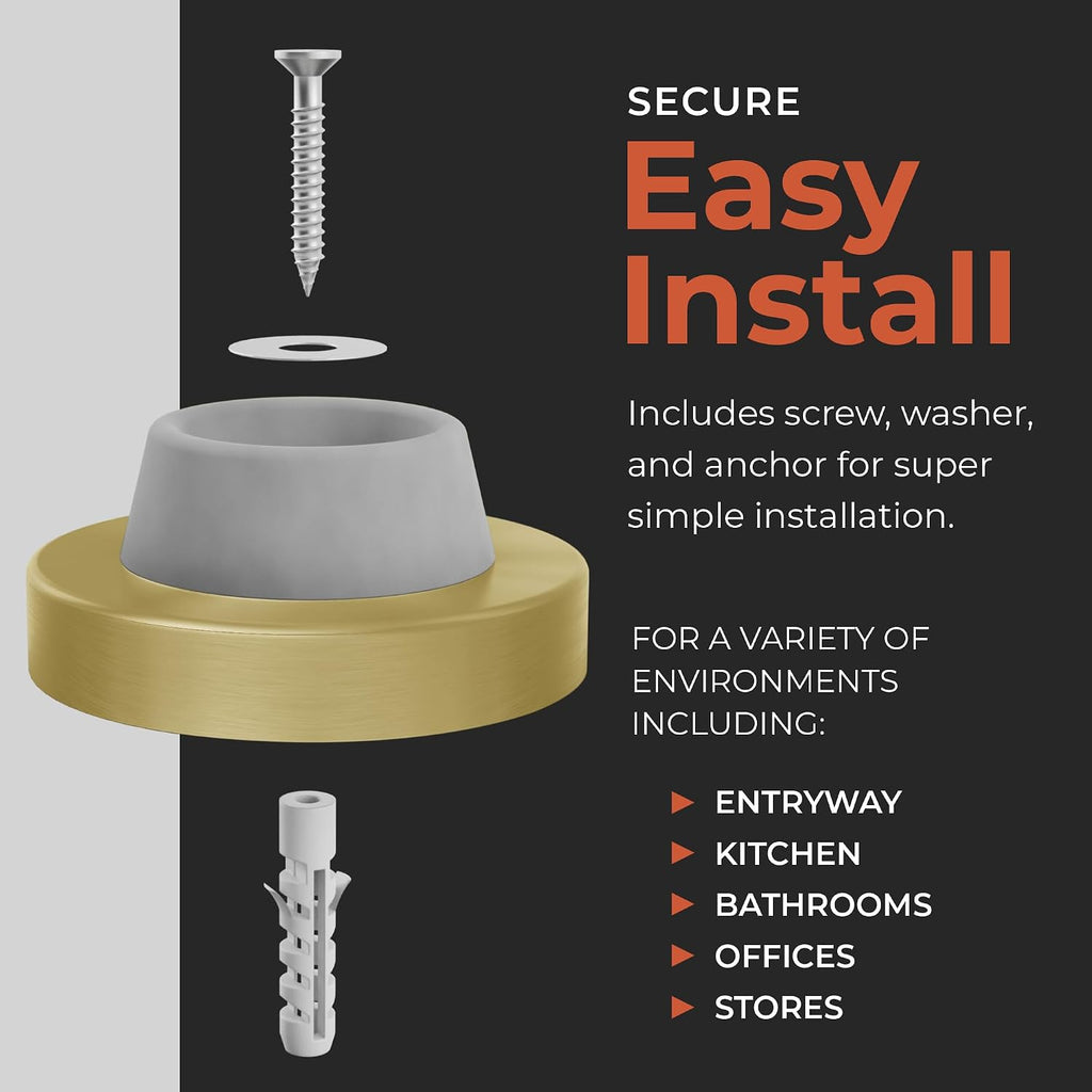 Stainless Steel & Rubber Wall-Mounted Door Stopper by NYCO Architectural Hardware- Heavy Duty Round Door Bumper for Wall & Door Protection- Modern Universal Door Slam Stopper (Satin Brass Grey Rubber)