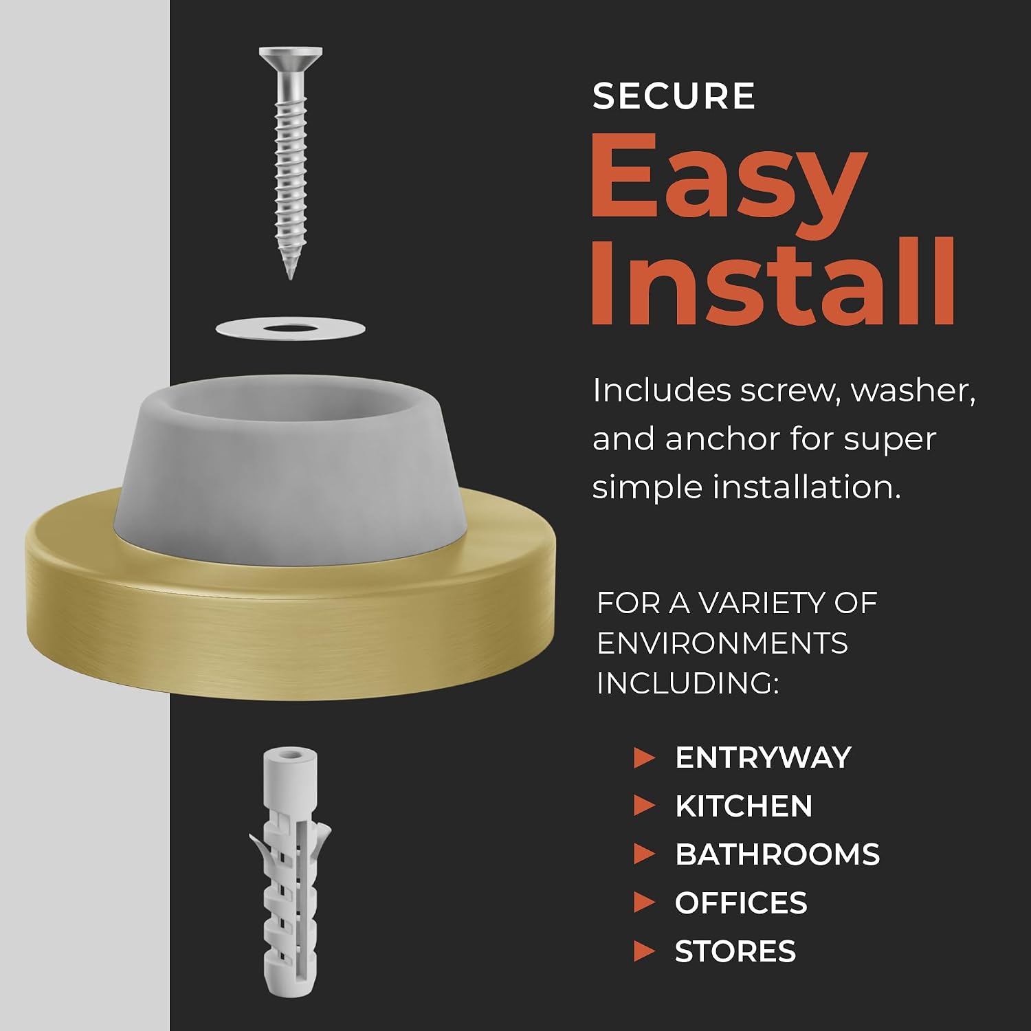 Stainless Steel & Rubber Wall-Mounted Door Stopper by NYCO Architectural Hardware- Heavy Duty Round Door Bumper for Wall & Door Protection- Modern Universal Door Slam Stopper (Satin Brass Grey Rubber)