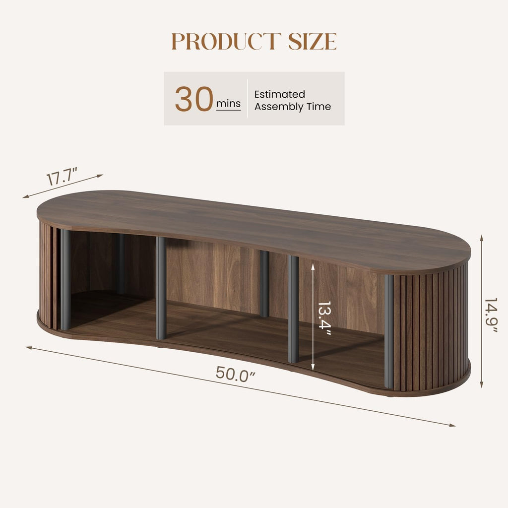 TV Stand and Coffee Table Set of 3, Living Room Table Set Fluted End Table & Coffee Table & 59' Low TV Stand with Sliding Doors, No Screws Ultra Fast Assembly, Walnut