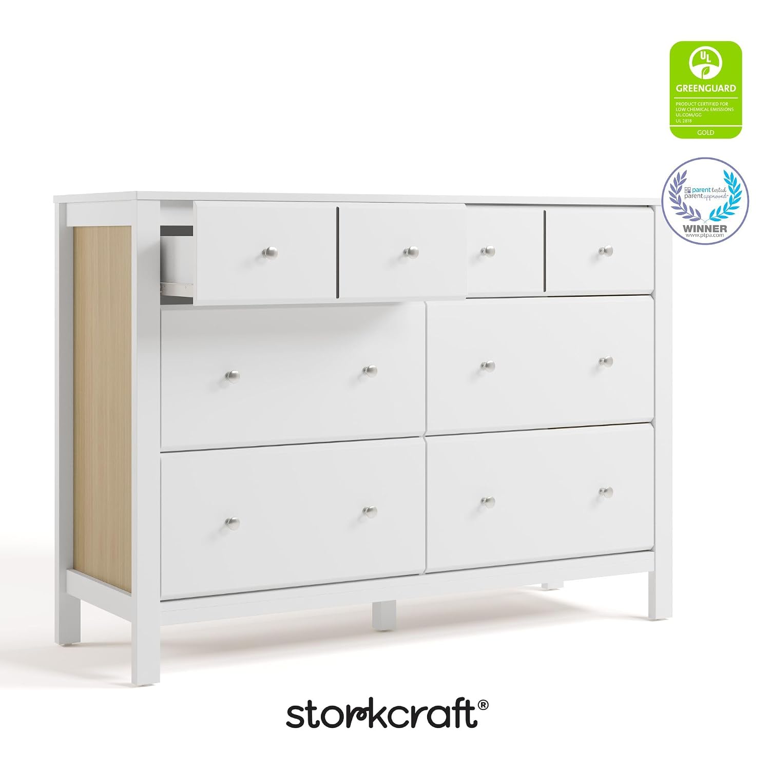 Storkcraft Horizon 6 Drawer Dresser (White with Driftwood) – GREENGUARD Gold Certified Dresser for Nursery & Kids' Room, Modern Storage with Interlocking Drawer System
