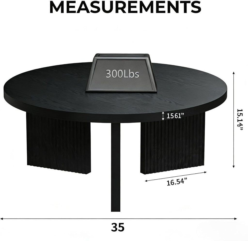 Wooden Round Coffee Table, 35' Coffee Table with Smooth Thick Mesa, Low Circle Center Table with X Shaped Stable Legs, Accent Tea Table for Living Room, Office, Black