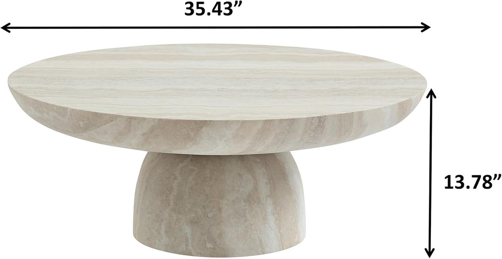 35.43' Modern Faux Marble Coffee Table, Round Stone Coffee Table with Cylindrical Leg, Fiberglass Drum Circle Center Table, Sofa Side End Tables for Living Room Apartment Home Cocktail Tea