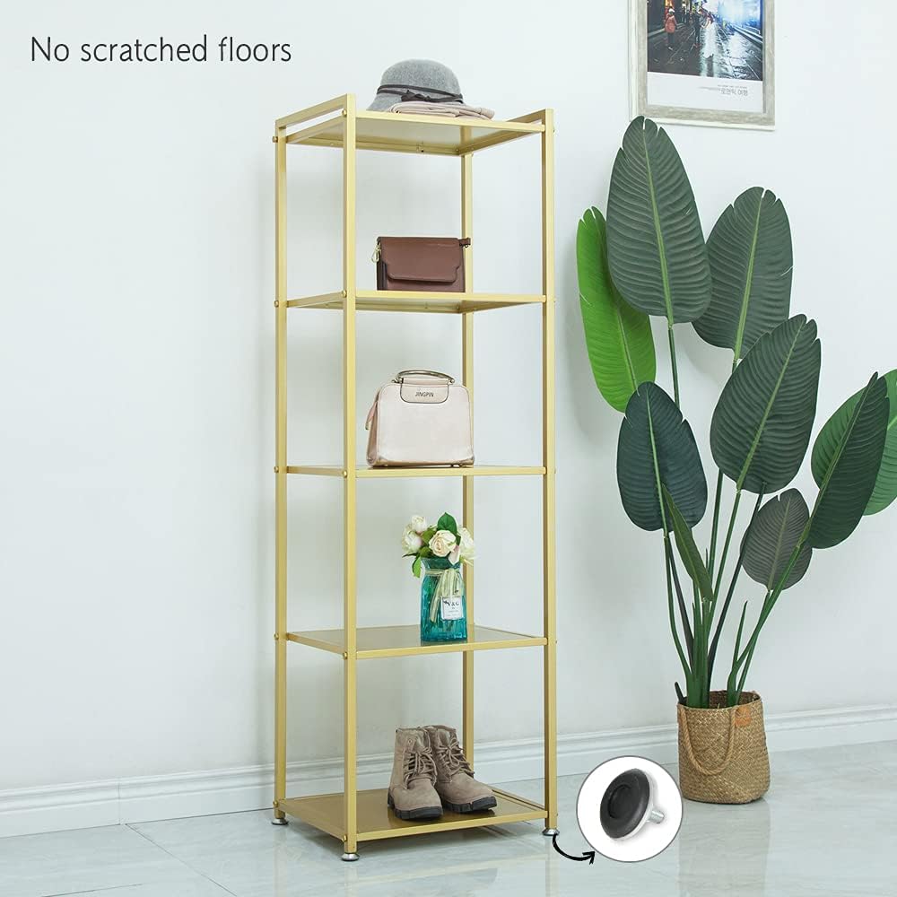 ZIOTHUM Gold Shelf, Gold Bookcase, 5-Tier Bookshelf Shoe Purse Handbag Rack Shelving Unit Etagere Tall Narrow Metal Corner Shelf Boutique Display Storage Retail Commercial Stand(19.7x15.7x63)