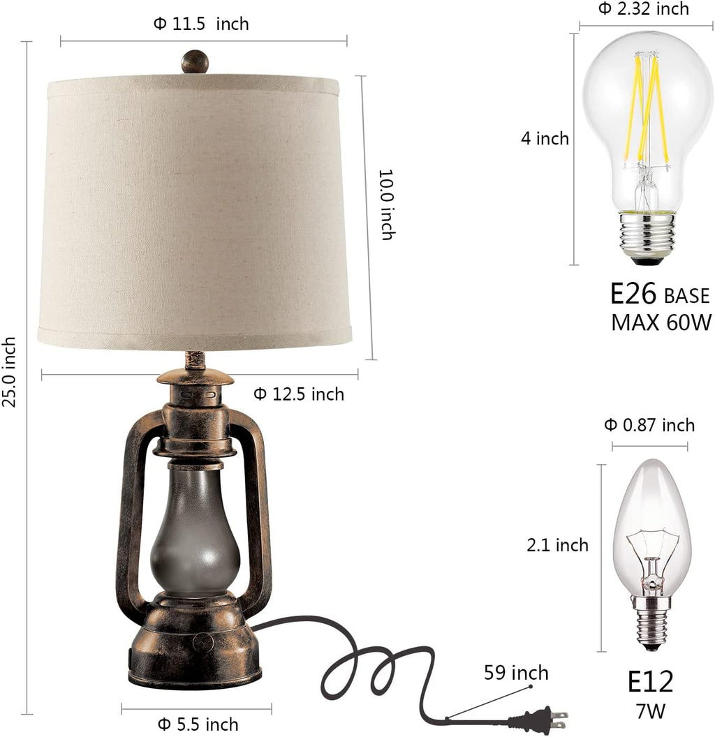 Farmhouse Rustic Table Lamps for Bedroom Set of 2, Vintage Lantern Lamp with Dual USB Charging Ports,25' Retro Antique Bedside Nightstand Desk Lamp for Living Room End Table Entryway, 4 Bulb Included