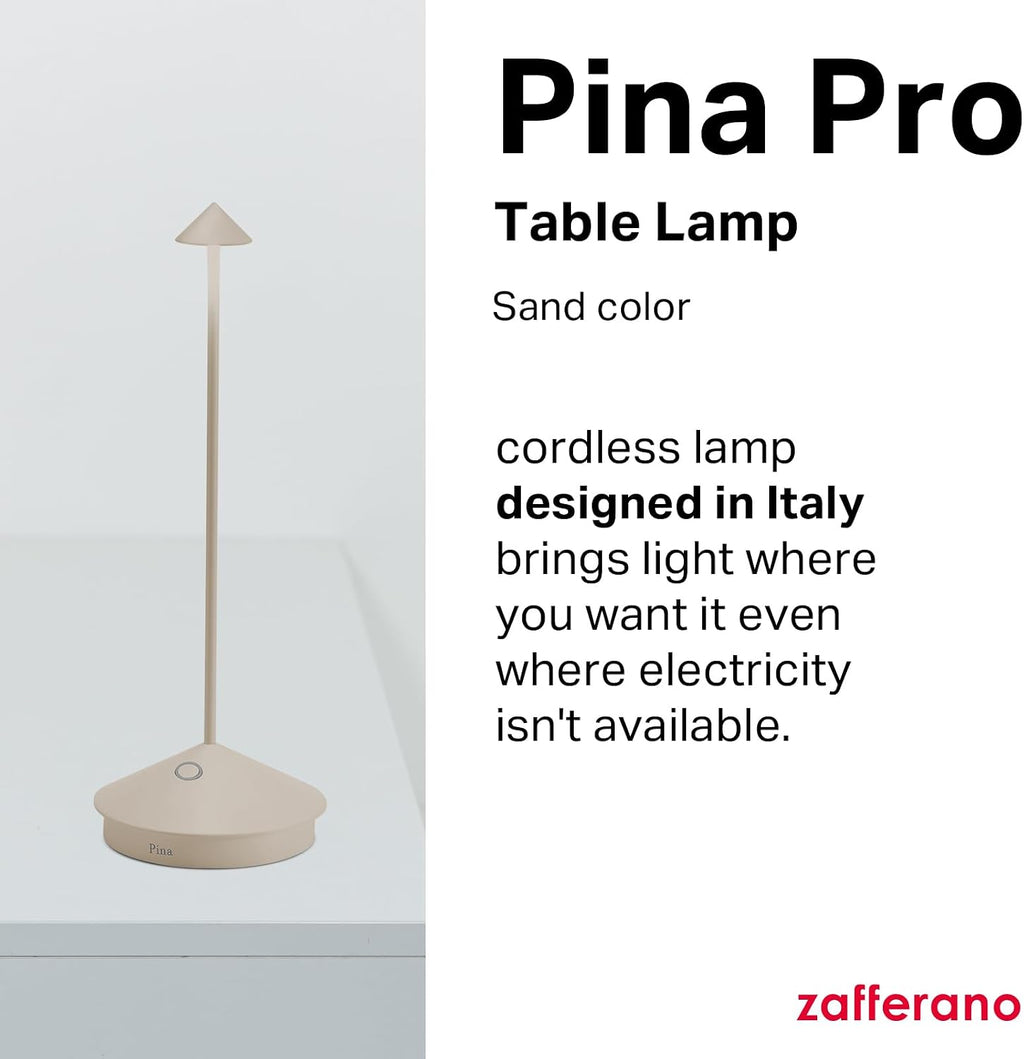 Zafferano, Pina Pro Lamp, Rechargeable Cordless Table Lamp with Touch Controls, Suitable for Indoor and Outdoor, Dimmer, 2200-3000 K, Height 11.4 Inches, Sand Color