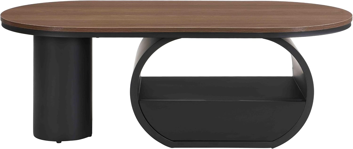 Luxury Black Oval Coffee Table, 47'' Modern Living Room Table with Storage Drawer, Rustic Walnut Top MDF, Sturdy Metal Base, Large Center Tables for Home Apartment
